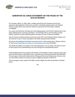 Edmonton Oil Kings Statement on the Pause of the 2019-20 Season