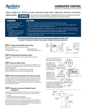 HUMIDIFIER CONTROL Safety and Installation Instructions
