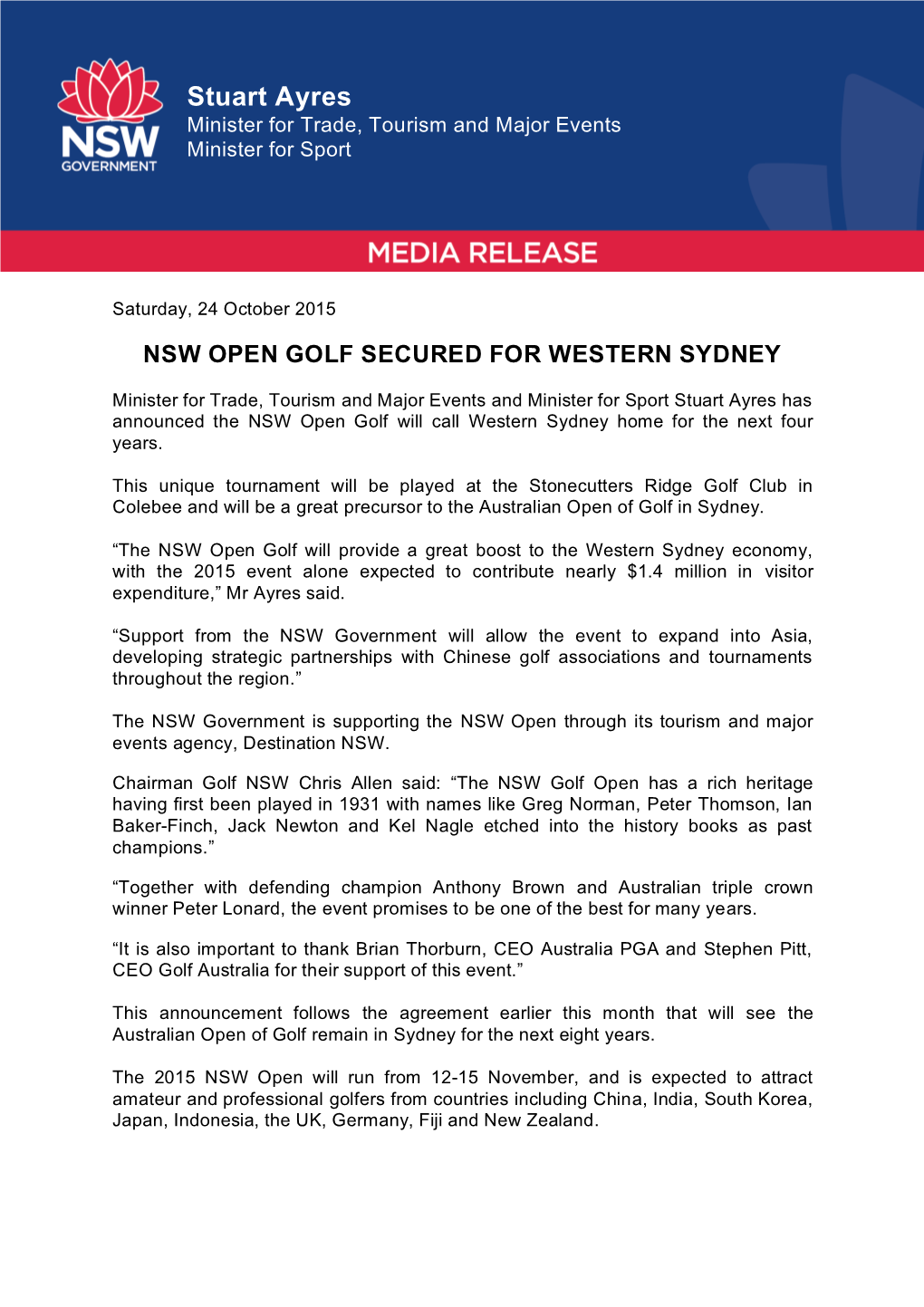 Nsw Open Golf Secured for Western Sydney