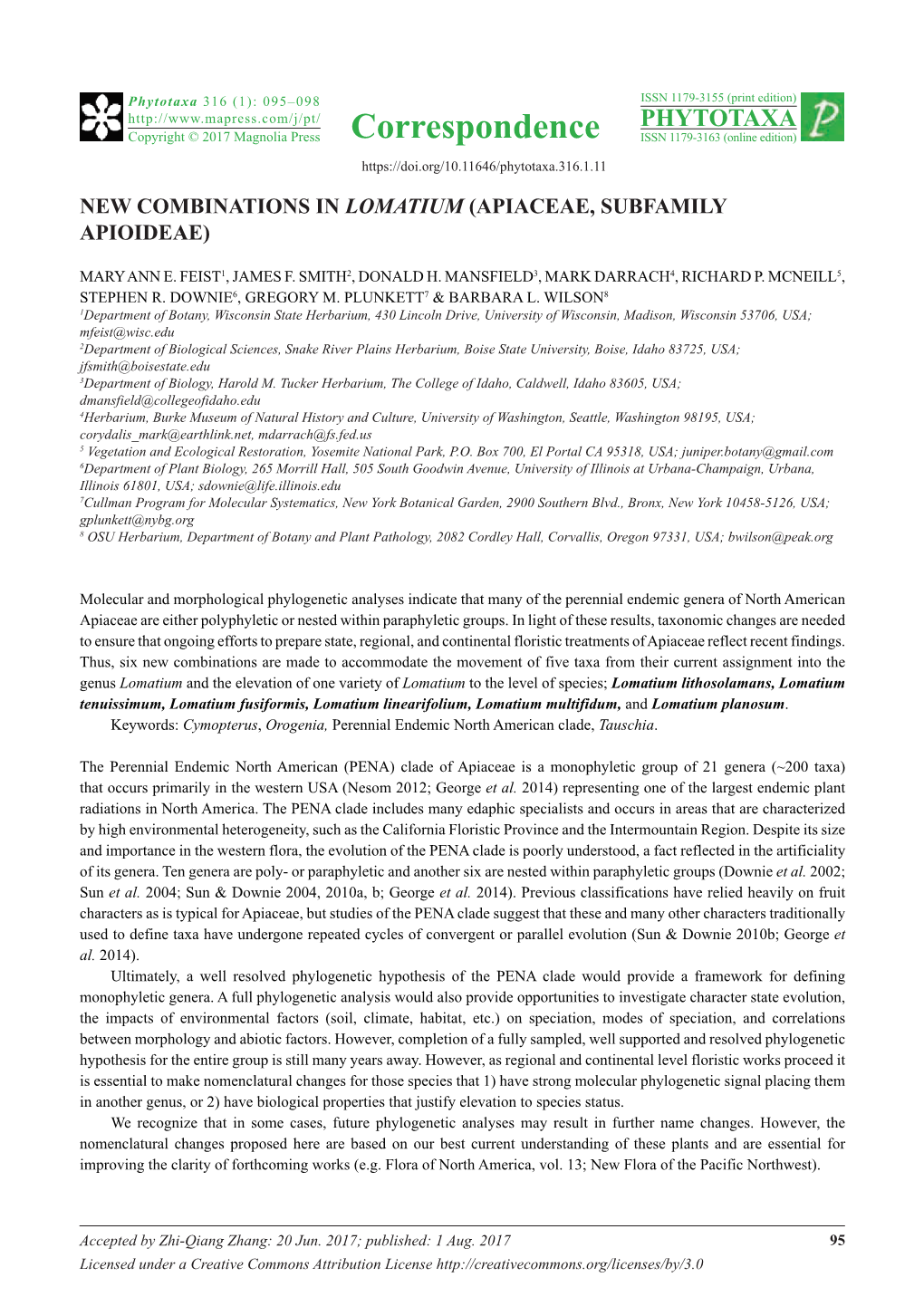 New Combinations in Lomatium (Apiaceae, Subfamily Apioideae)