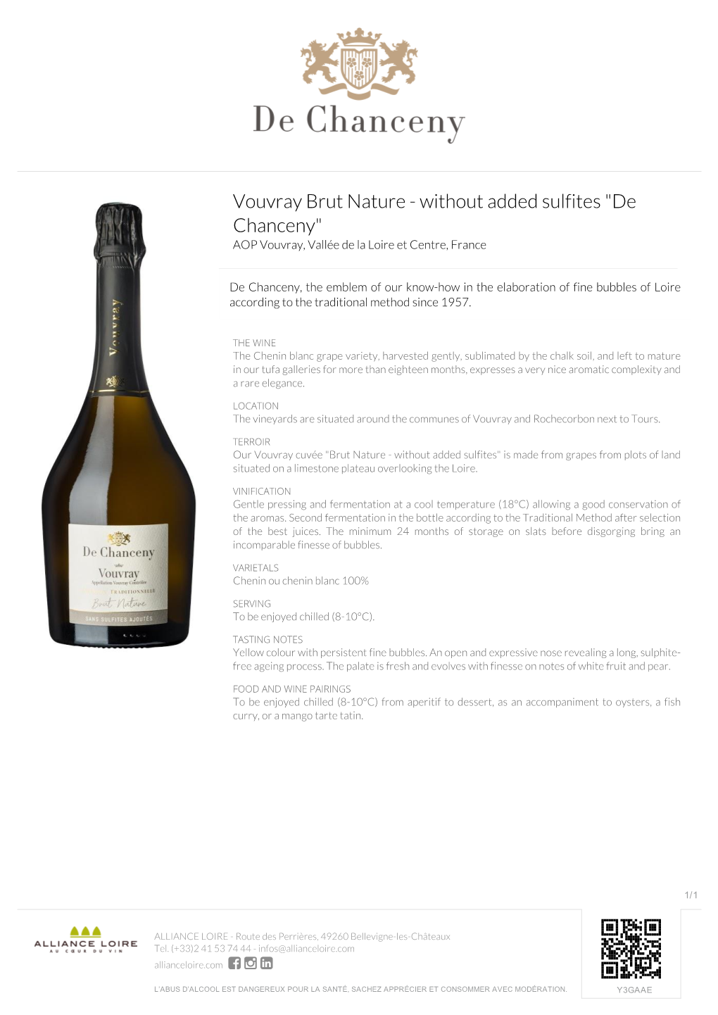 Vouvray Brut Nature - Without Added Sulfites "De Chanceny" AOP Vouvray, Vallée De La Loire Et Centre, France