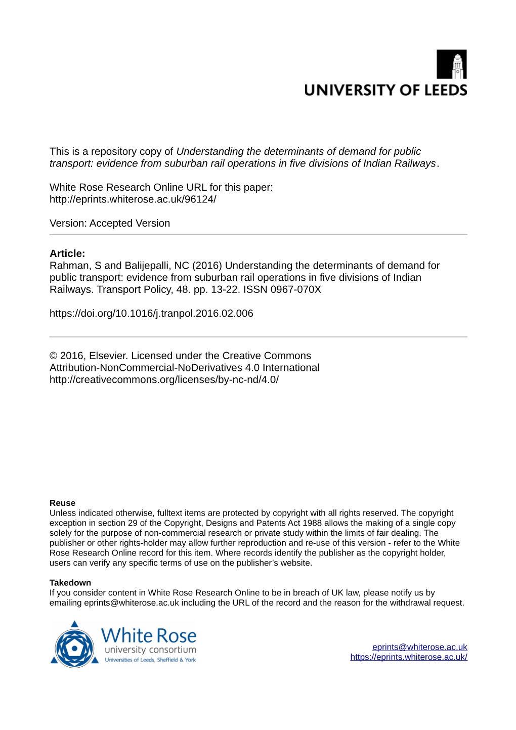 Understanding the Determinants of Demand for Public Transport: Evidence from Suburban Rail Operations in Five Divisions of Indian Railways