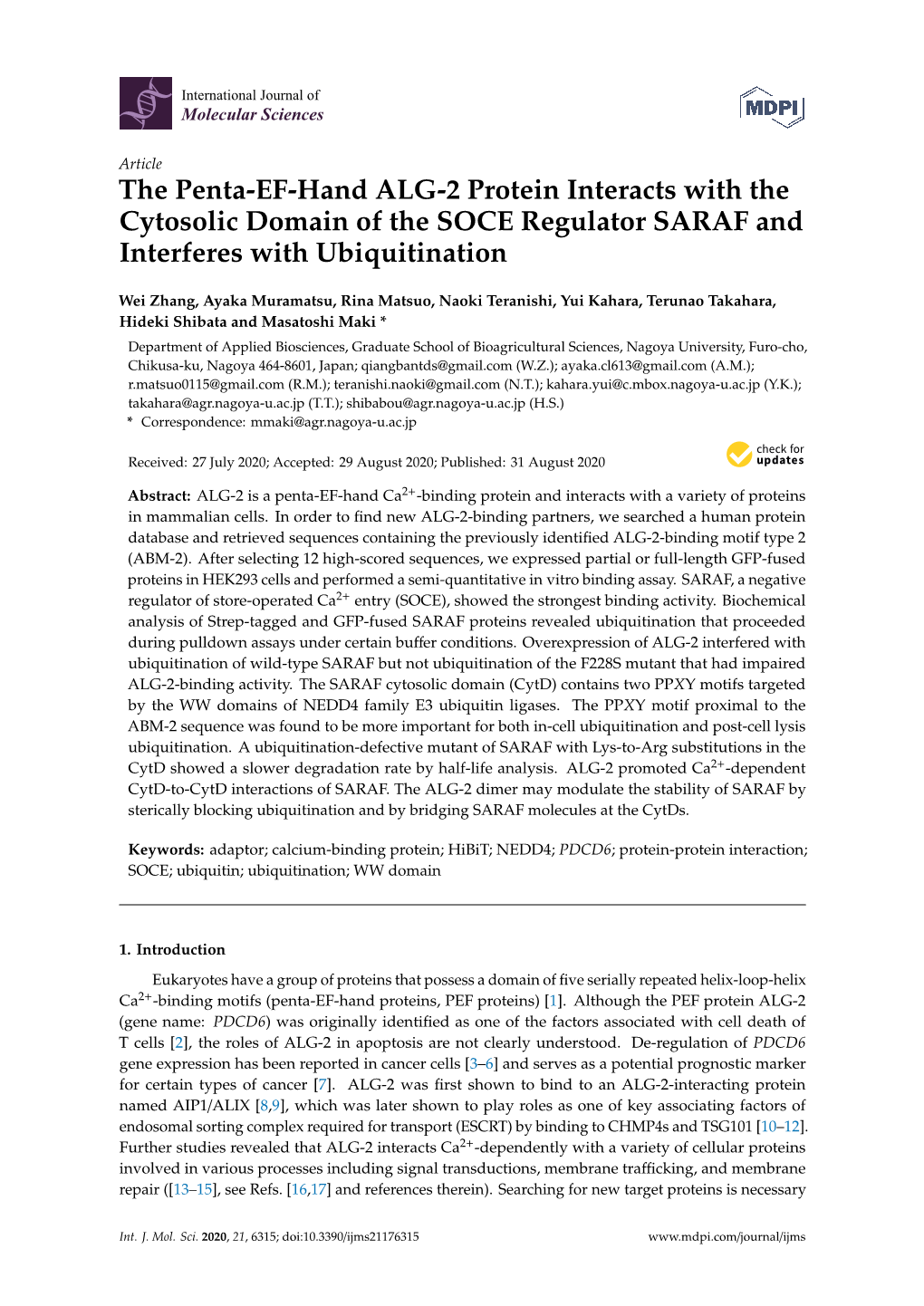 The Penta-EF-Hand ALG-2 Protein Interacts with the Cytosolic Domain of the SOCE Regulator SARAF and Interferes with Ubiquitination