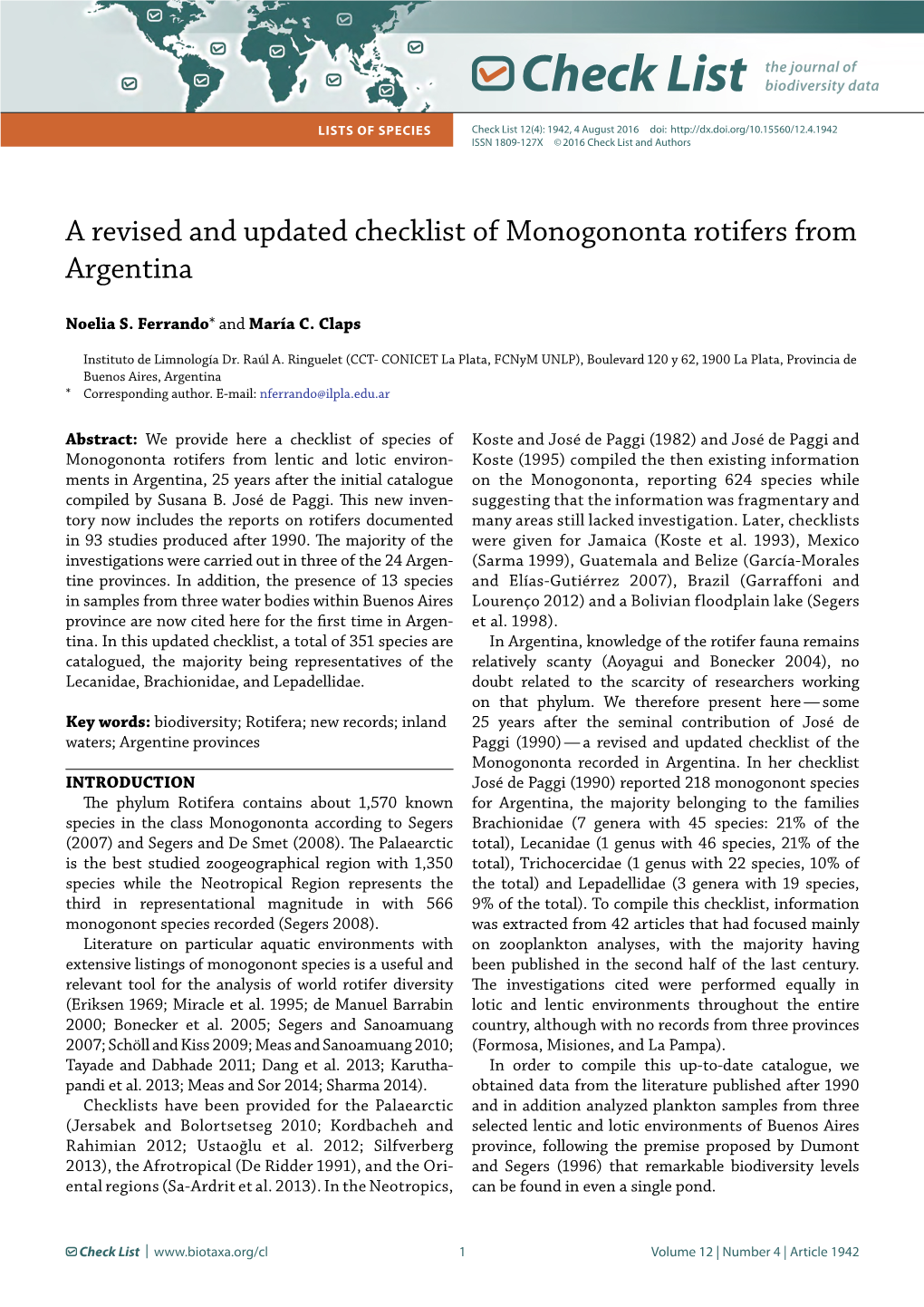 A Revised and Updated Checklist of Monogononta Rotifers from Argentina