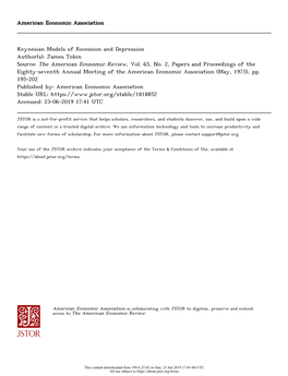 Keynesian Models of Recession and Depression Author(S): James Tobin Source: the American Economic Review, Vol