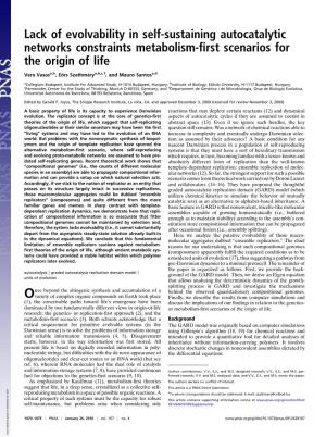 Lack of Evolvability in Self-Sustaining Autocatalytic Networks Constraints Metabolism-ﬁrst Scenarios for the Origin of Life