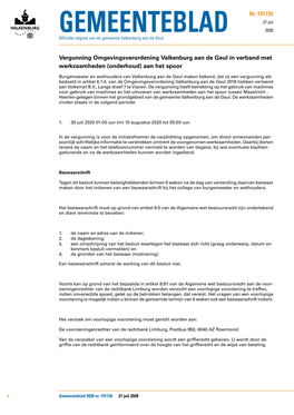 Vergunning Omgevingsverordening Valkenburg Aan De Geul in Verband Met Werkzaamheden (Onderhoud) Aan Het Spoor