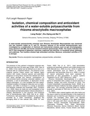 Isolation, Chemical Composition and Antioxidant Activities of a Water-Soluble Polysaccharide from Rhizoma Atractylodis Macrocephalae