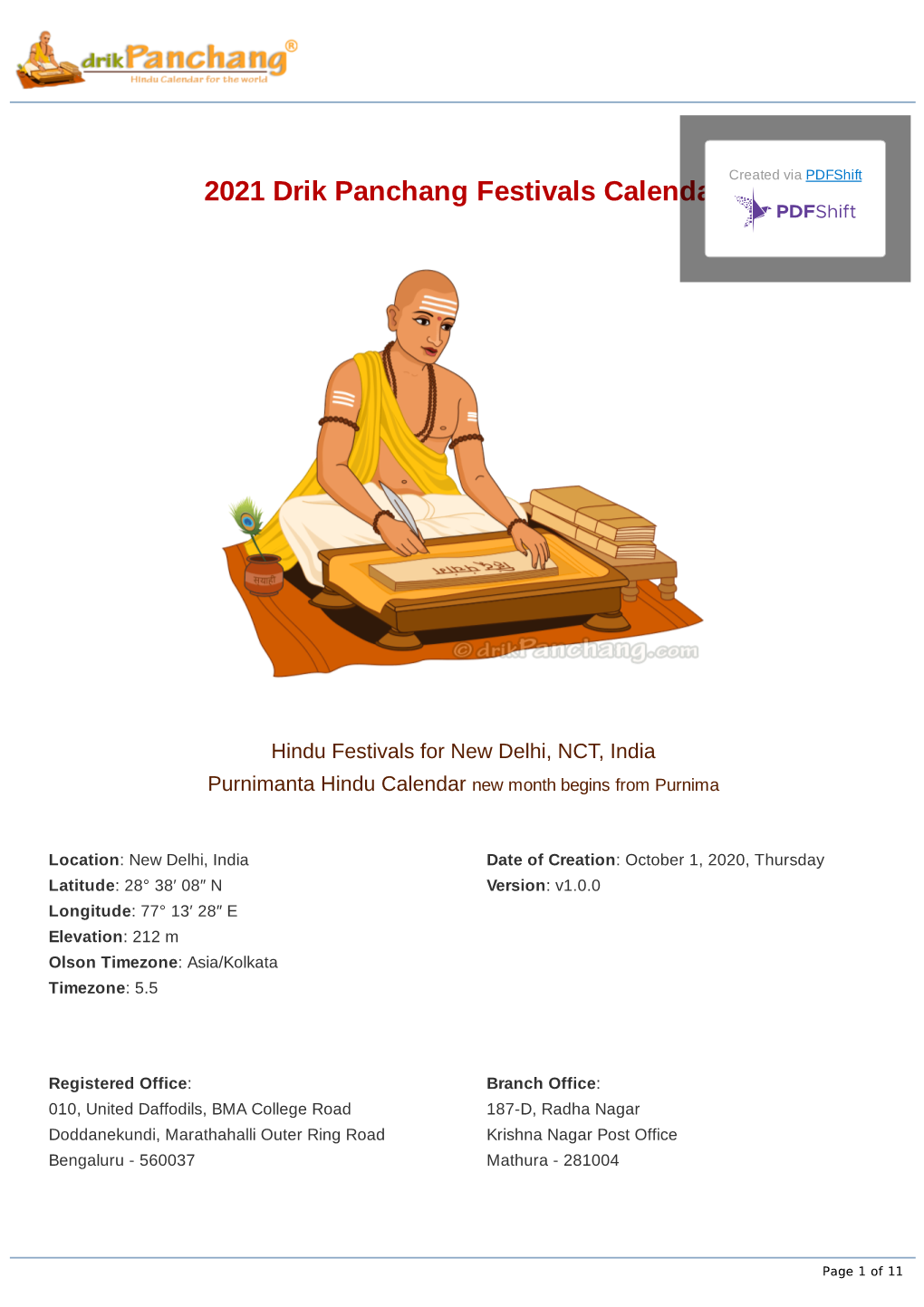 2021 Drik Panchang Festivals Calendar