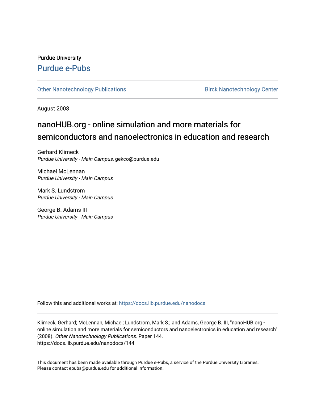 Nanohub.Org - Online Simulation and More Materials for Semiconductors and Nanoelectronics in Education and Research