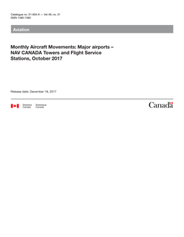 Monthly Aircraft Movements: Major Airports – NAV CANADA Towers and Flight Service Stations, October 2017