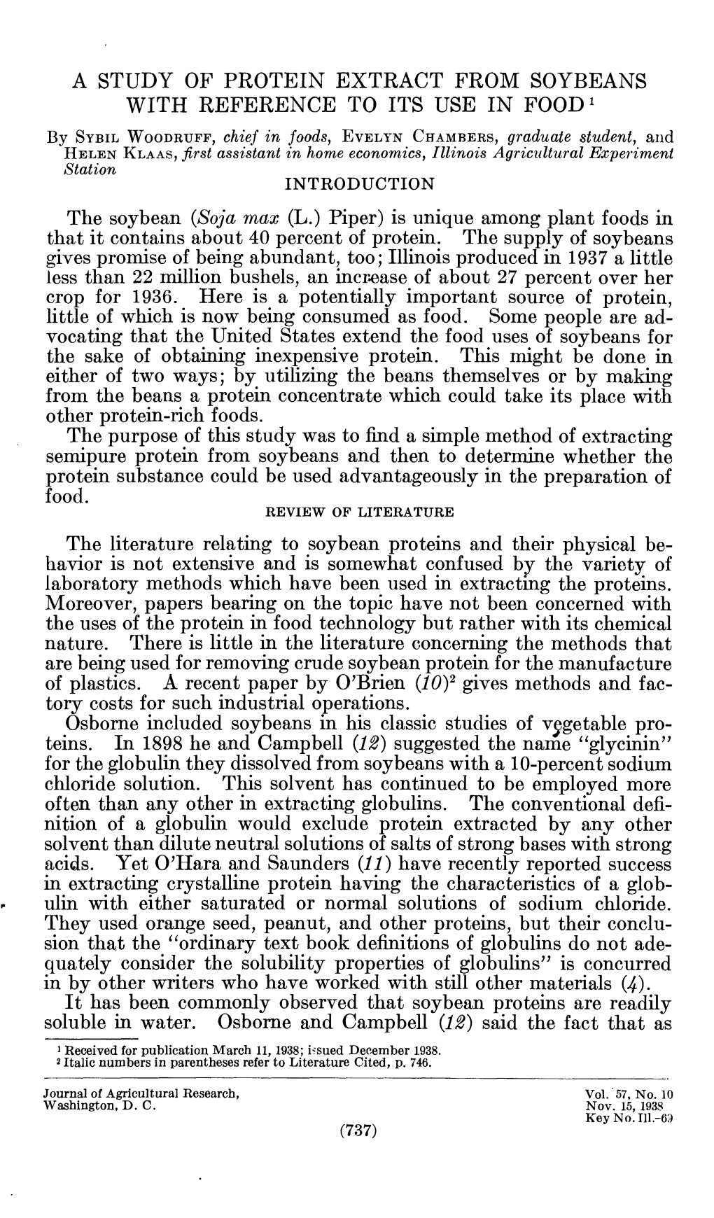 A STUDY of PROTEIN EXTRACT from SOYBEANS with REFERENCE to ITS USE in FOOD ' the Soybean (Soja Max (L.) Piper) Is Unique Among P