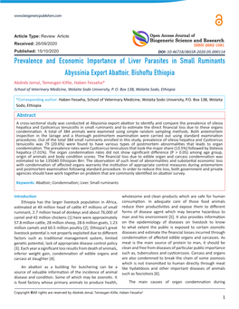 Prevalence and Economic Importance of Liver Parasites in Small Ruminants Abyssinia Export Abattoir, Bishoftu Ethiopia