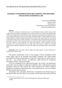 General Considerations Regarding the Historic Evolution of Roman Law