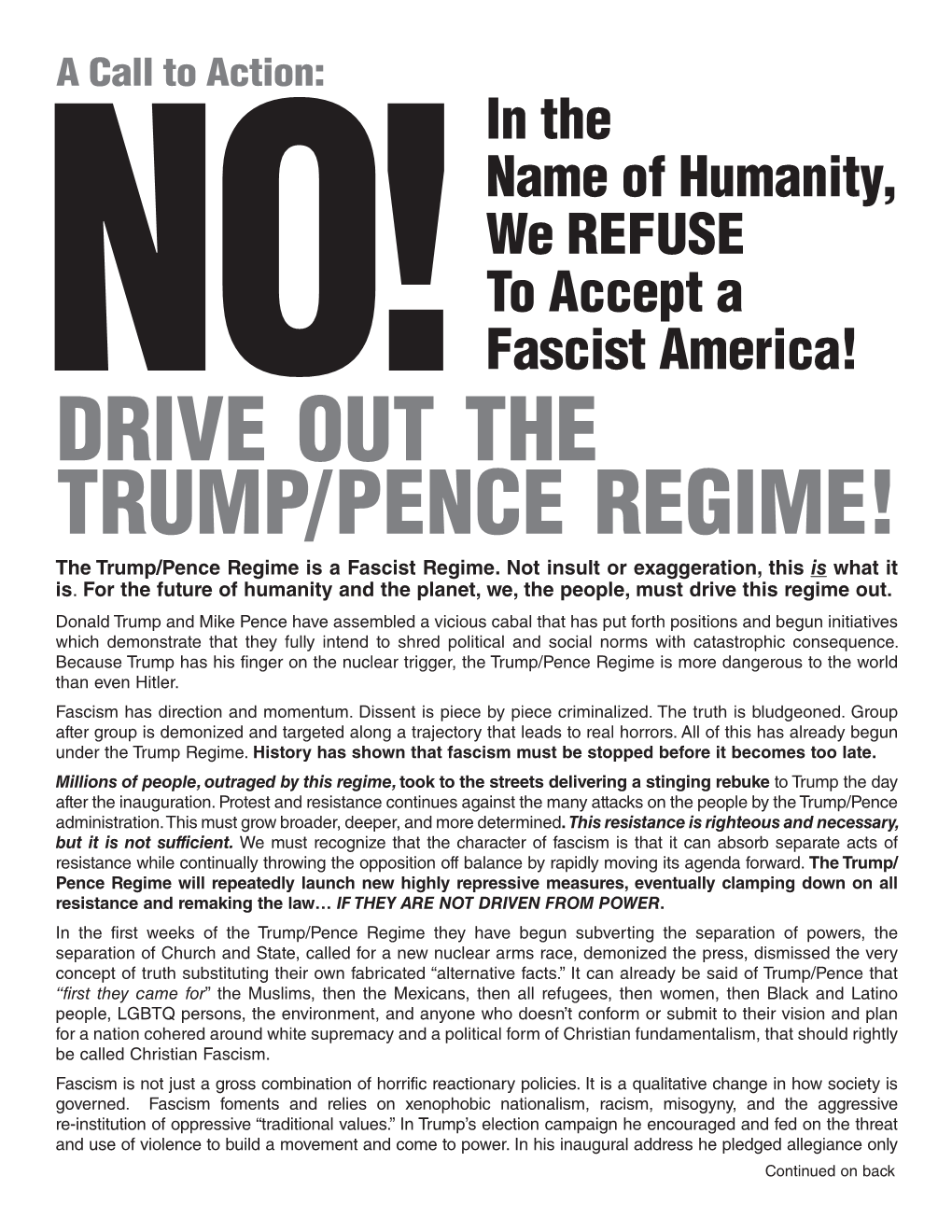 DRIVE out the TRUMP/PENCE REGIME! the Trump/Pence Regime Is a Fascist Regime