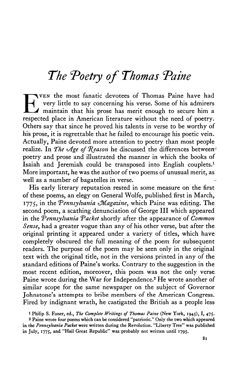 The 'Poetry of Thomas Paine