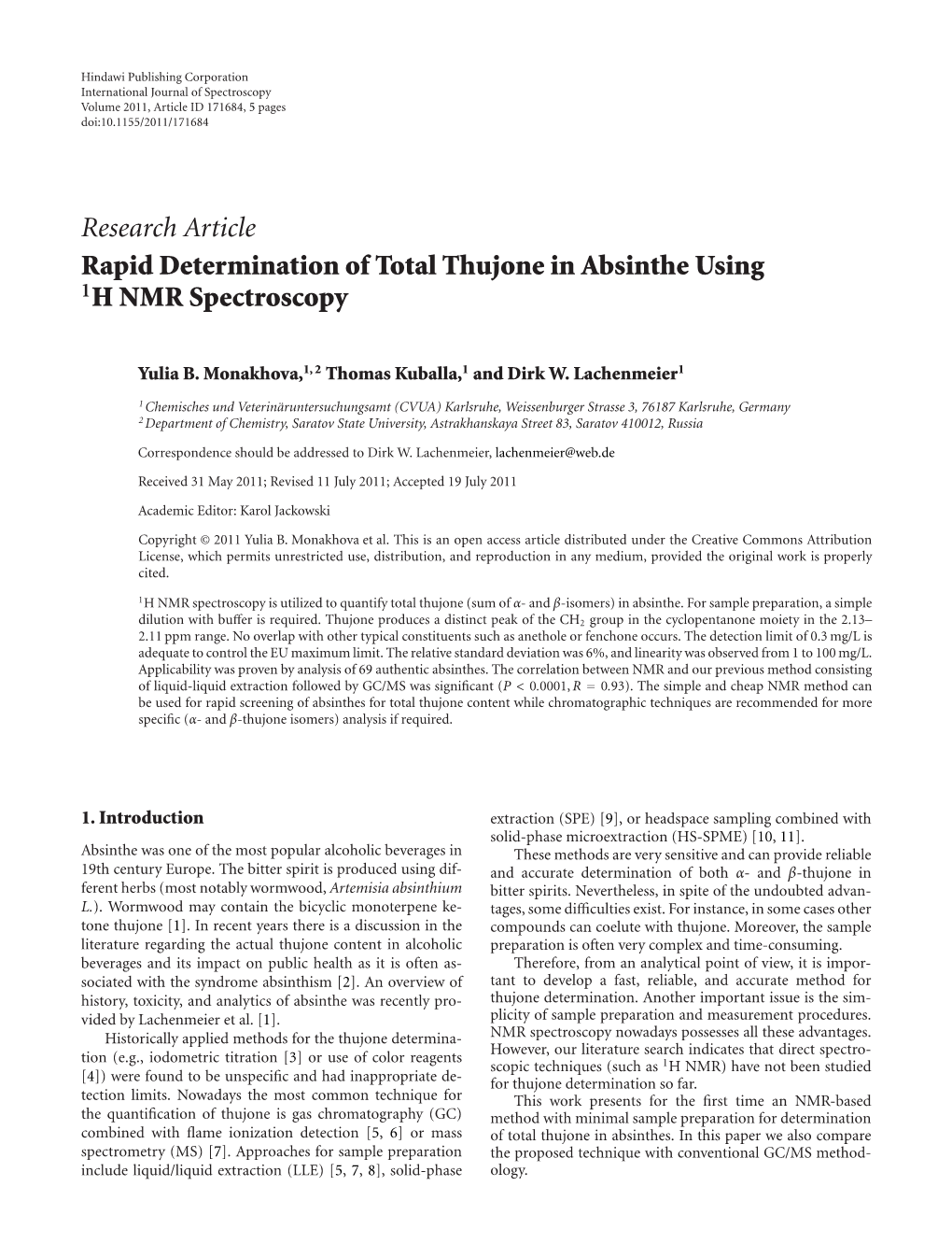 Rapid Determination of Total Thujone in Absinthe Using 1H NMR Spectroscopy