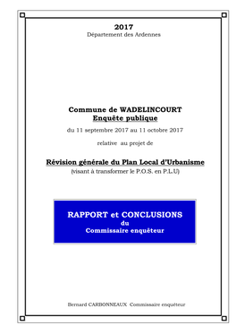 Commune De WADELINCOURT Enquête Publique