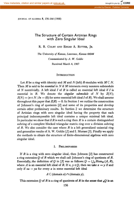 The Structure of Certain Artinian Rings with Zero Singular Ideal