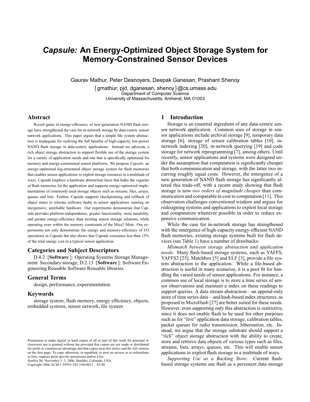 Capsule: an Energy-Optimized Object Storage System for Memory-Constrained Sensor Devices