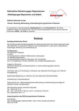 Gütersloher Bündnis Gegen Depressionen -Arbeitsgruppe Depression Und Arbeit