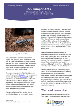 Jack Jumper Ants – August 2010 Biosecurity Fact Sheet Current As at October 2010