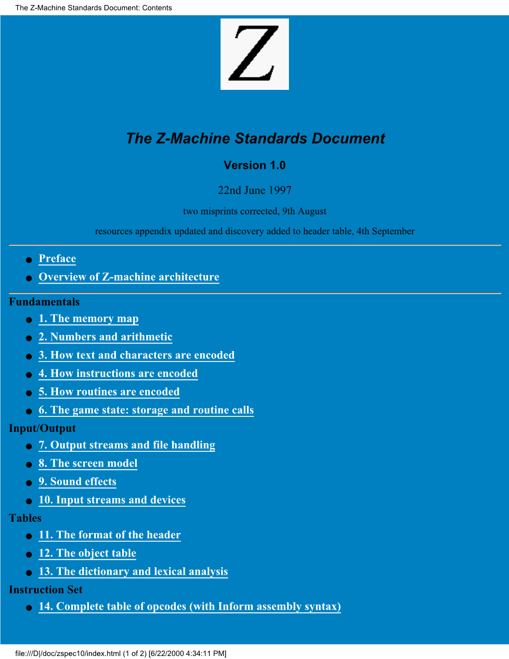 The Z-Machine Standards Document: Contents