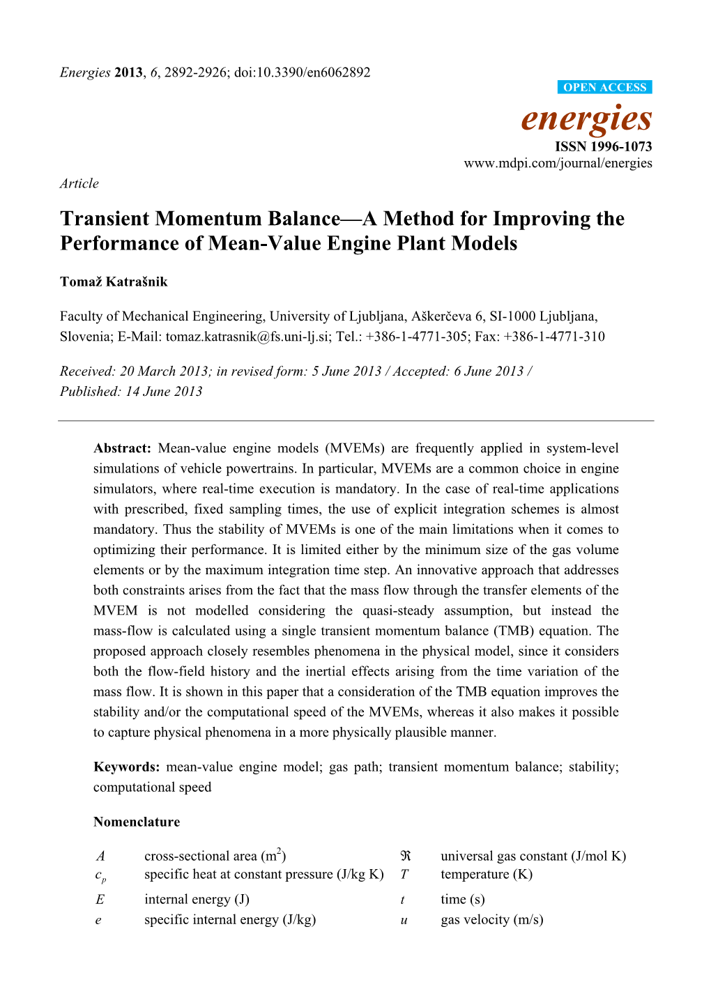 Transient Momentum Balance—A Method for Improving the Performance of Mean-Value Engine Plant Models