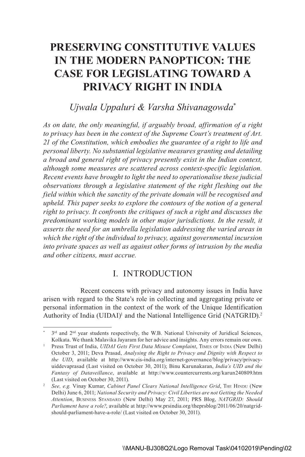 The Case for Legislating Toward a Privacy Right in India