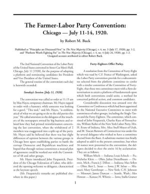 The Farmer-Labor Party Convention: Chicago — July 11-14, 1920