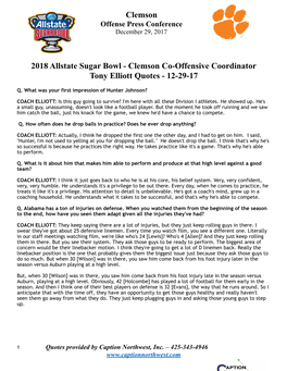 Clemson Co-Offensive Coordinator Tony Elliott Quotes - 12-29-17