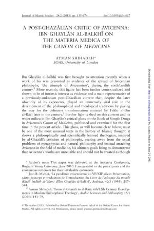 A Post-Ghaz2lian Critic of Avicenna: Ibn Ghayl2n Al-Balkhi¯ on the Materia Medica of the Canon of Medicine