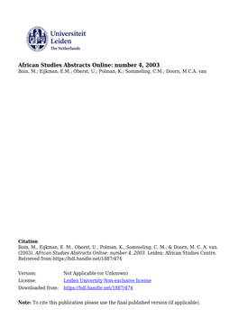 African Studies Abstracts Online: Number 4, 2003 Boin, M.; Eijkman, E.M.; Oberst, U.; Polman, K.; Sommeling, C.M.; Doorn, M.C.A