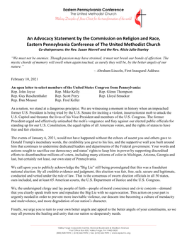 An Advocacy Statement by the Commission on Religion and Race, Eastern Pennsylvania Conference of the United Methodist Church Co-Chairpersons: the Rev