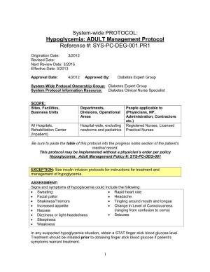 Hypoglycemia: ADULT Management Protocol Reference #: SYS-PC-DEG-001.PR1