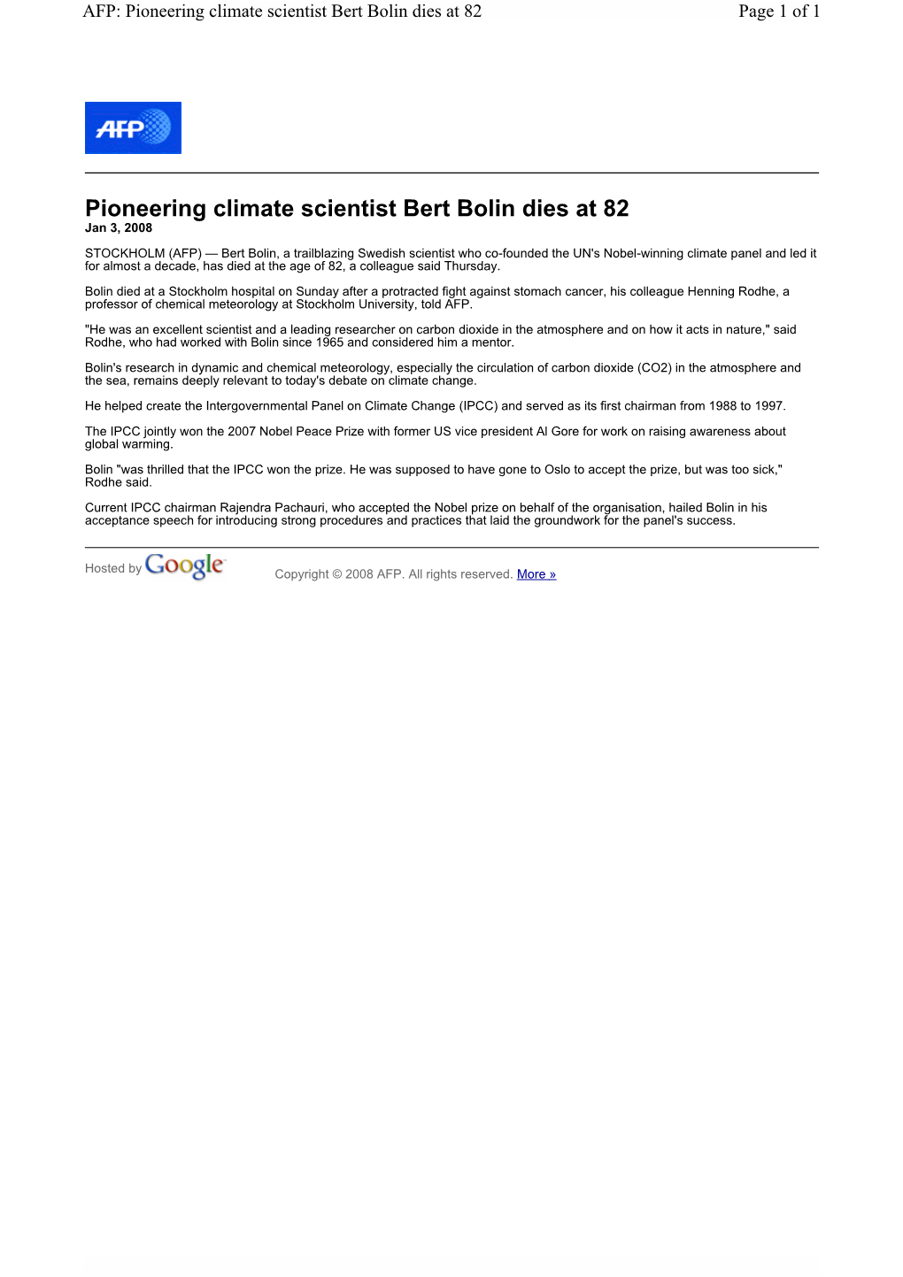 Of 1 AFP: Pioneering Climate Scientist Bert Bolin Dies at 82