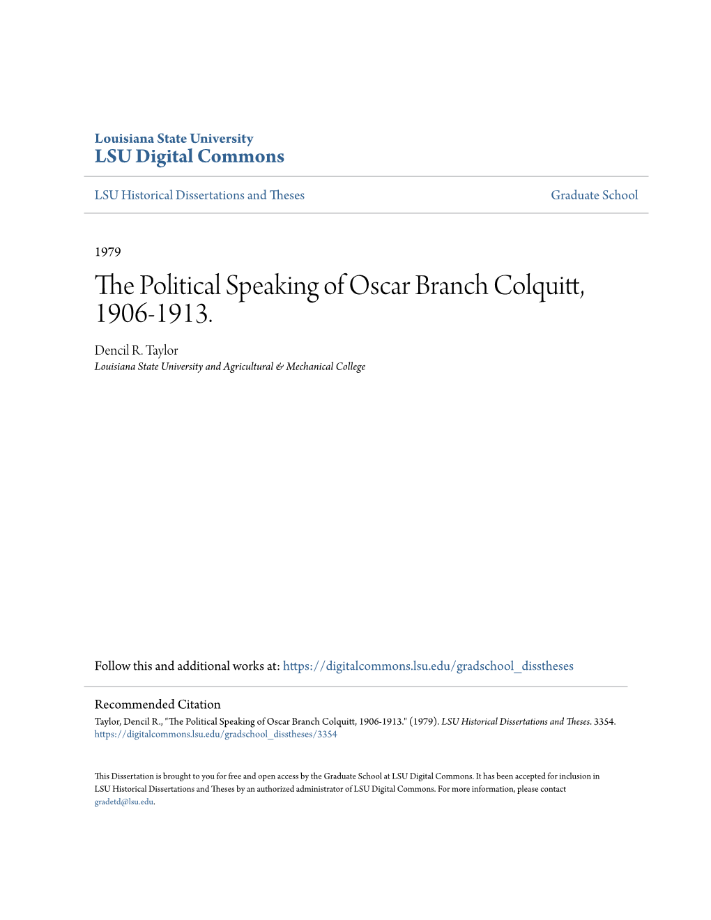 The Political Speaking of Oscar Branch Colquitt, 1906-1913