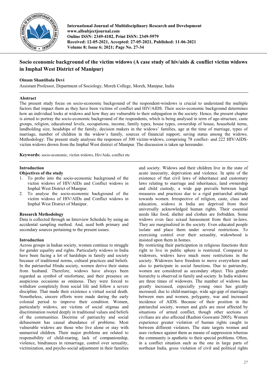 Socio Economic Background of the Victim Widows (A Case Study of Hiv/Aids & Conflict Victim Widows in Imphal West District of Manipur)