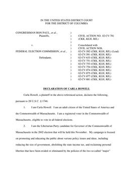 IN the UNITED STATES DISTRICT COURT for the DISTRICT of COLUMBIA CONGRESSMAN RON PAUL, Et Al., ) Plaintiffs, ) CIVIL ACTION