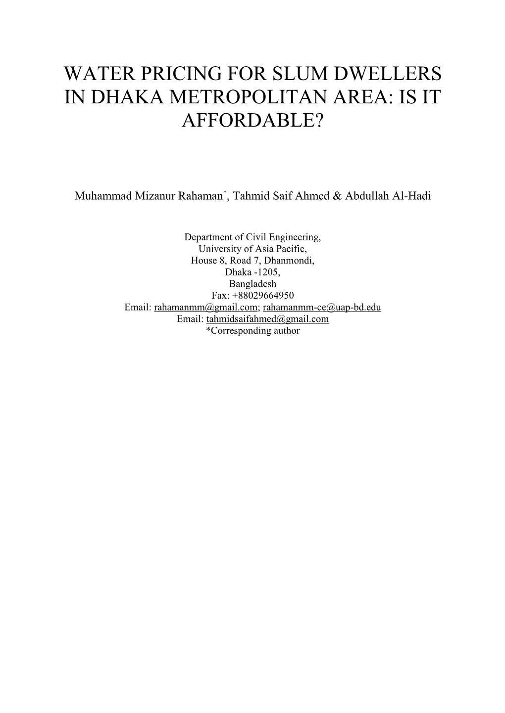 Water Pricing for Slum Dwellers in Dhaka Metropolitan Area: Is It Affordable?
