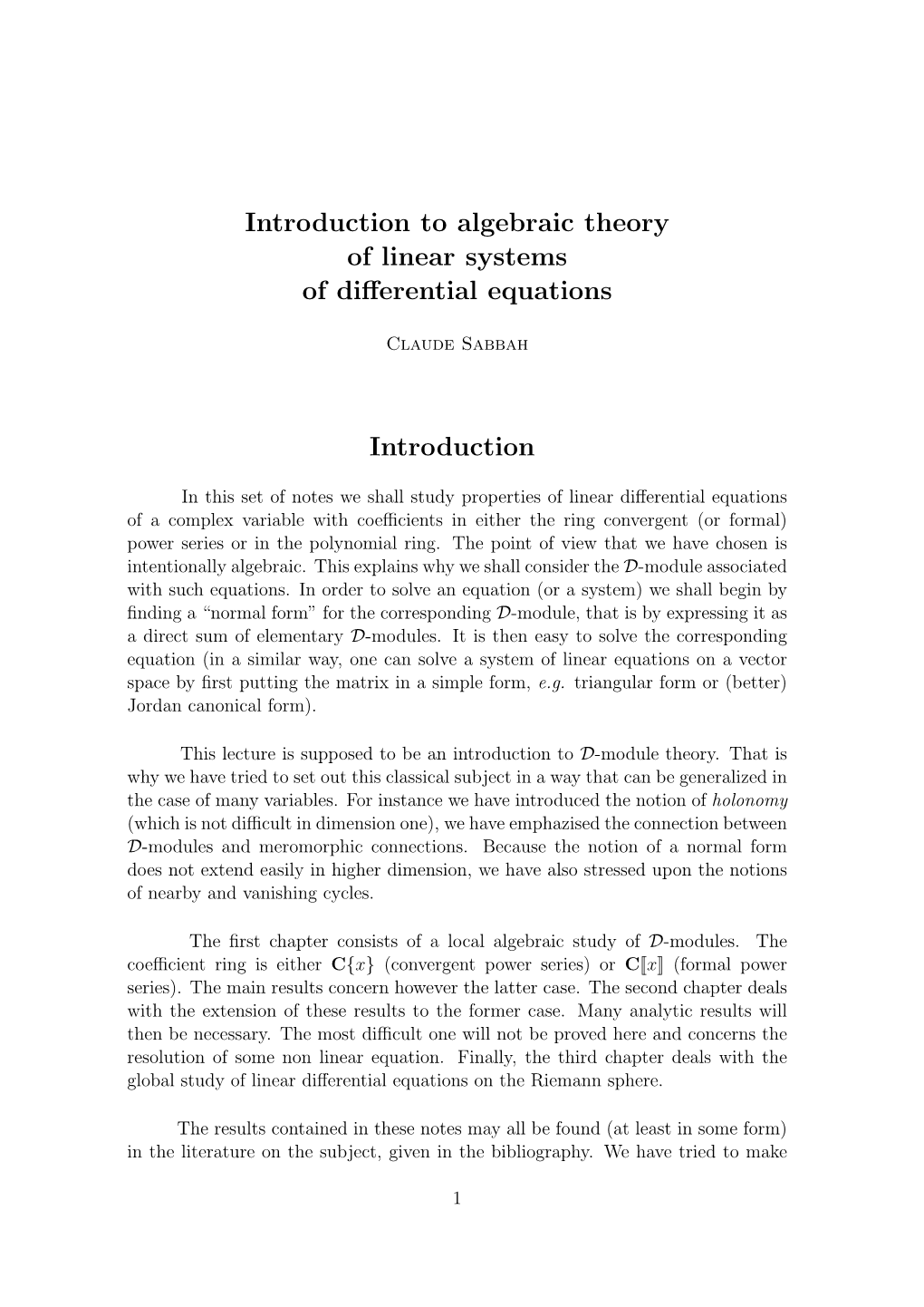 Introduction to Algebraic Theory of Linear Systems of Differential