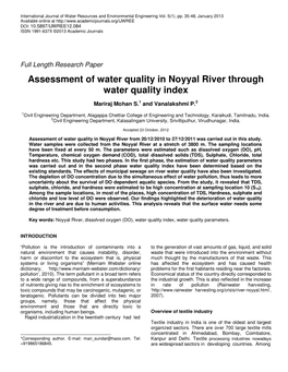 Assessment of Water Quality in Noyyal River Through Water Quality Index