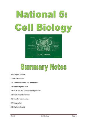 Unit 2 Cell Biology Page 1 Sub-Topics Include