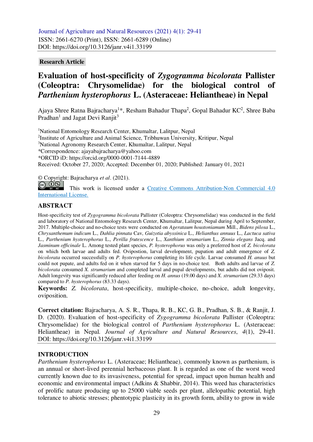Evaluation of Host-Specificity of Zygogramma Bicolorata Pallister (Coleoptra: Chrysomelidae) for the Biological Control of Parthenium Hysterophorus L