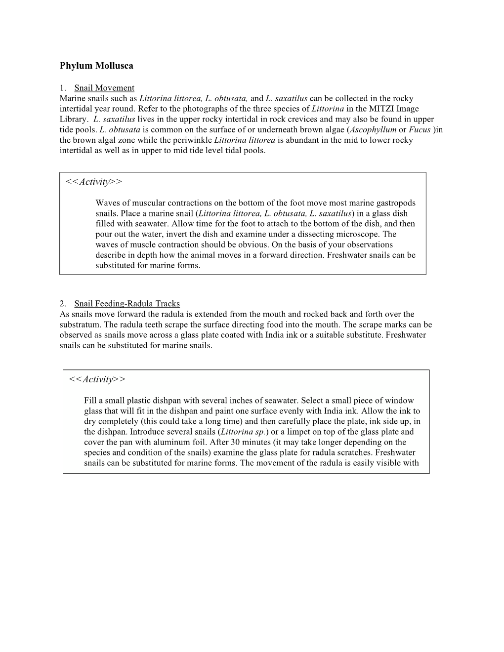 Phylum Mollusca <<Activity>> <<Activity>>