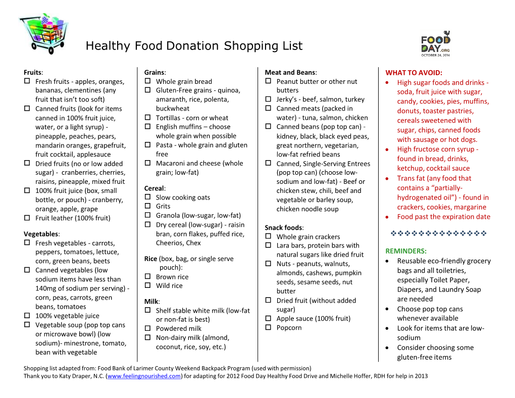 Healthy Food Donation Shopping List