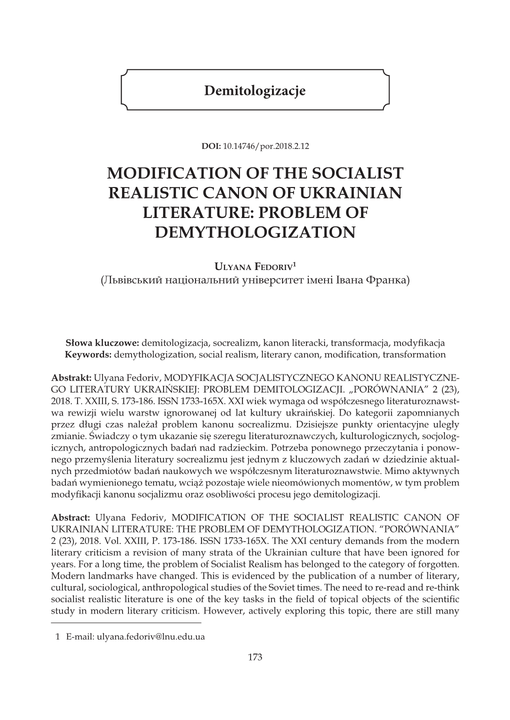 Modification of the Socialist Realistic Canon of Ukrainian Literature: Problem of Demythologization