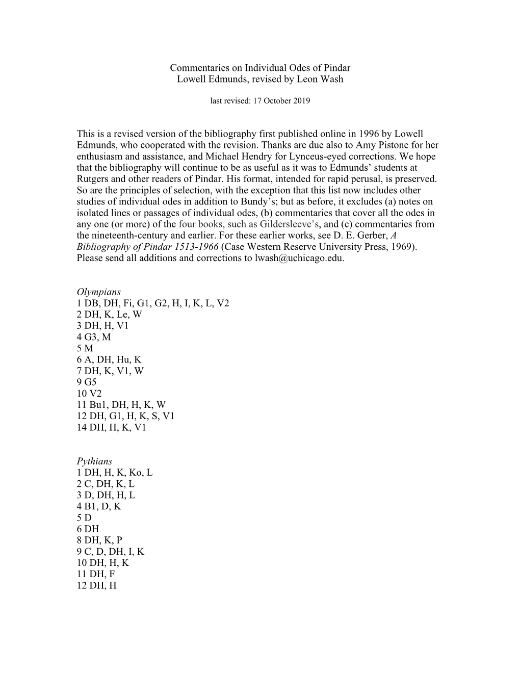 Commentaries on Individual Odes of Pindar Lowell Edmunds, Revised by Leon Wash