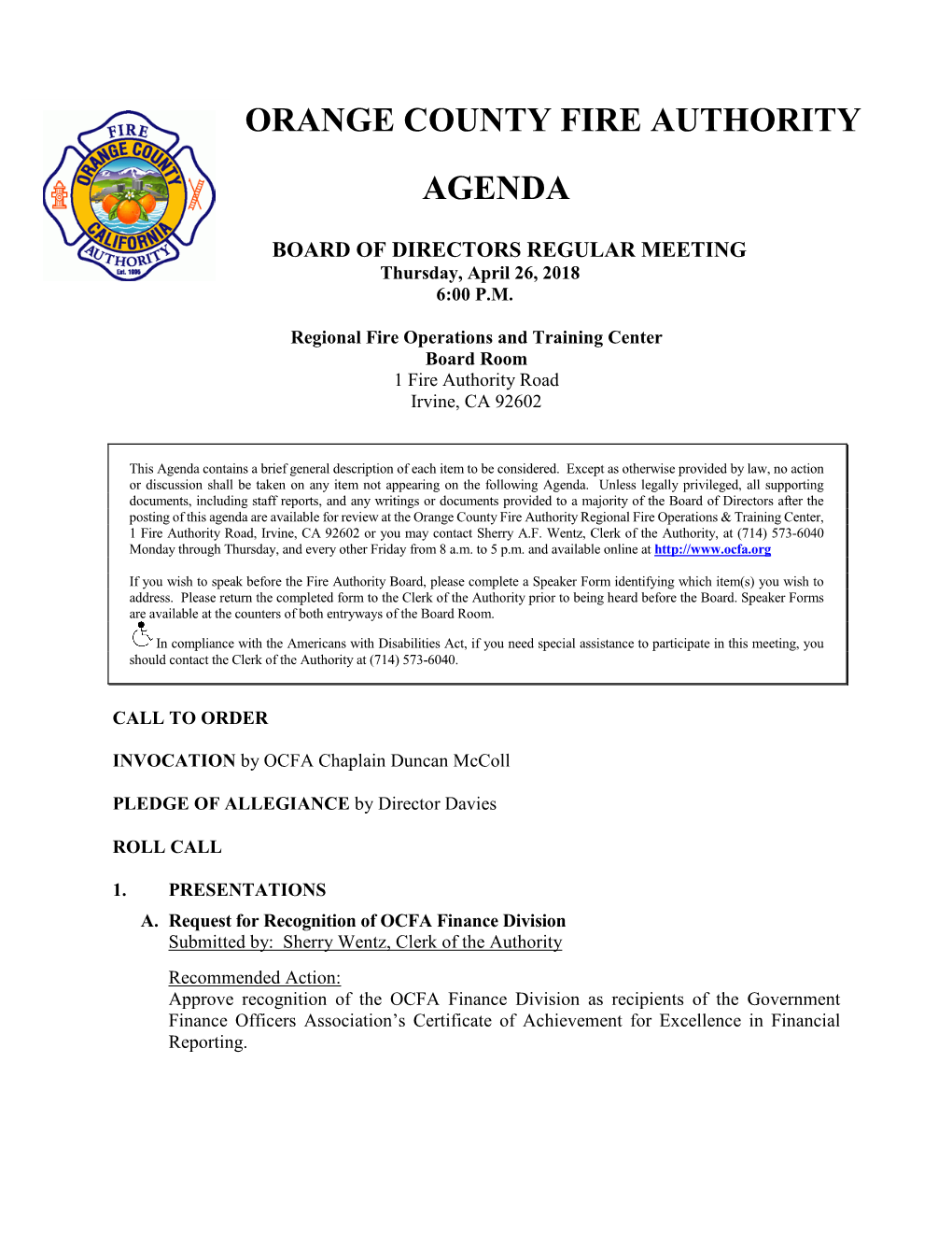 Orange County Fire Authority AGENDA STAFF REPORT Board of Directors Meeting Agenda Item No