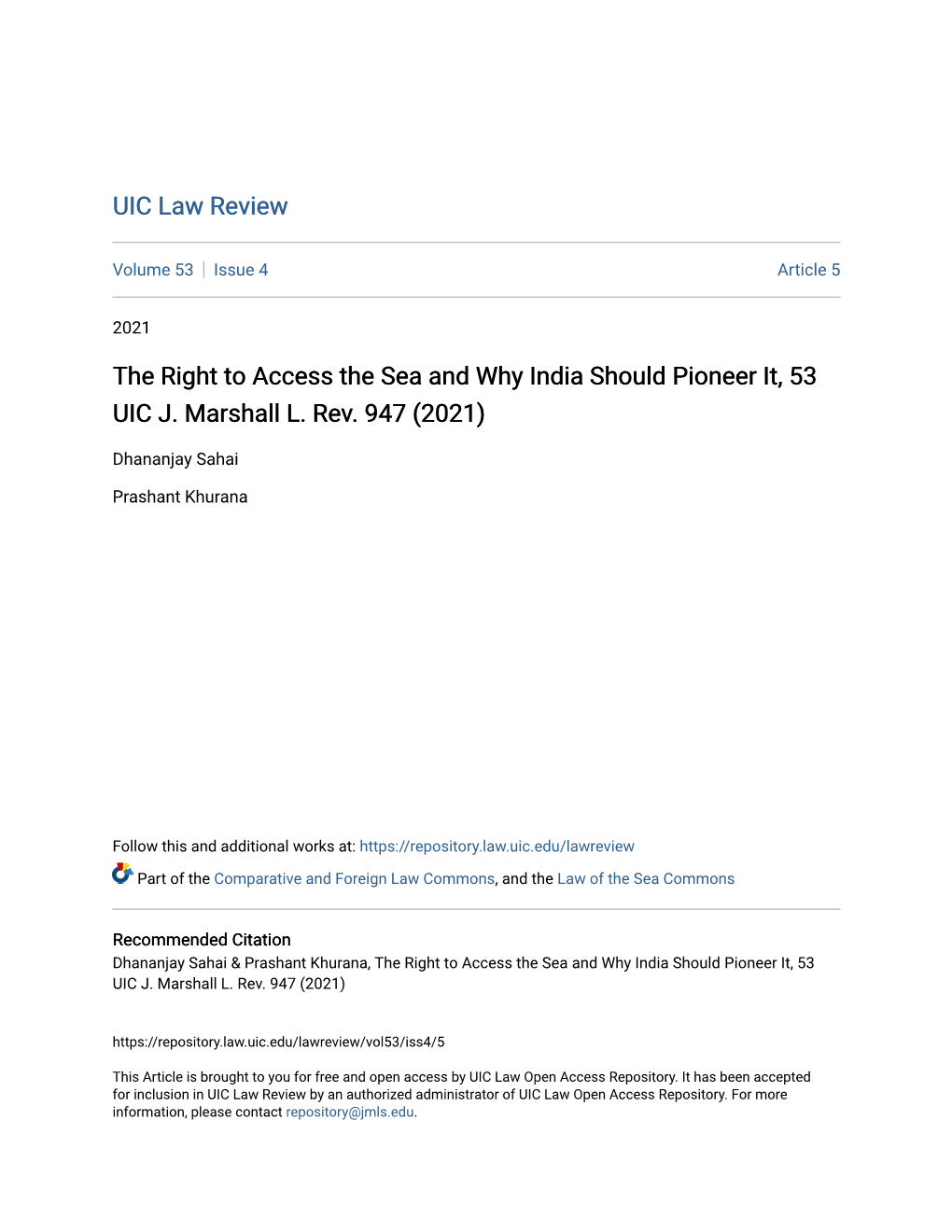 The Right to Access the Sea and Why India Should Pioneer It, 53 UIC J